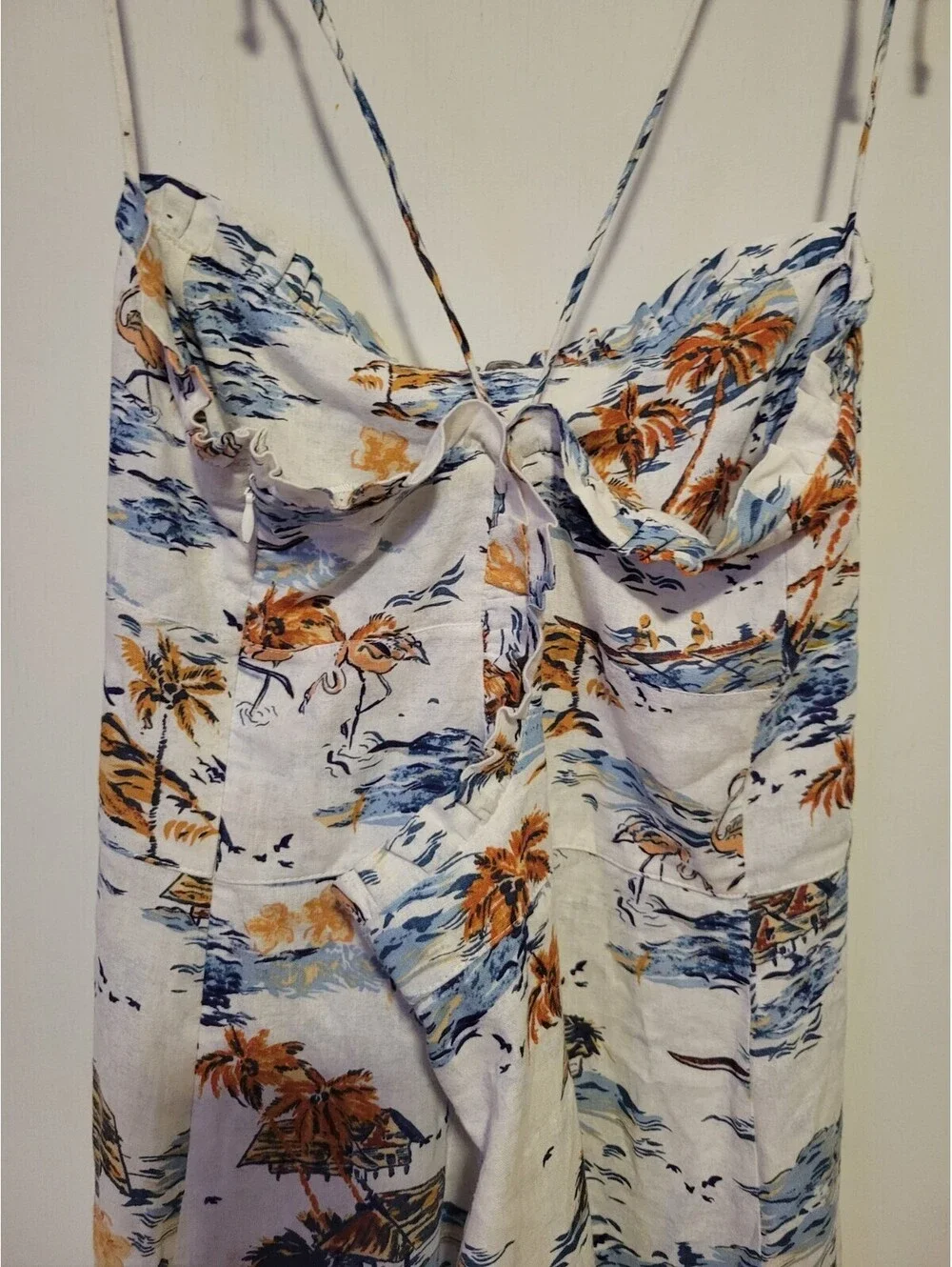 Free People Beach Flowy Midi Dress White Boho Strappy Hawaiian Size 10 Linen